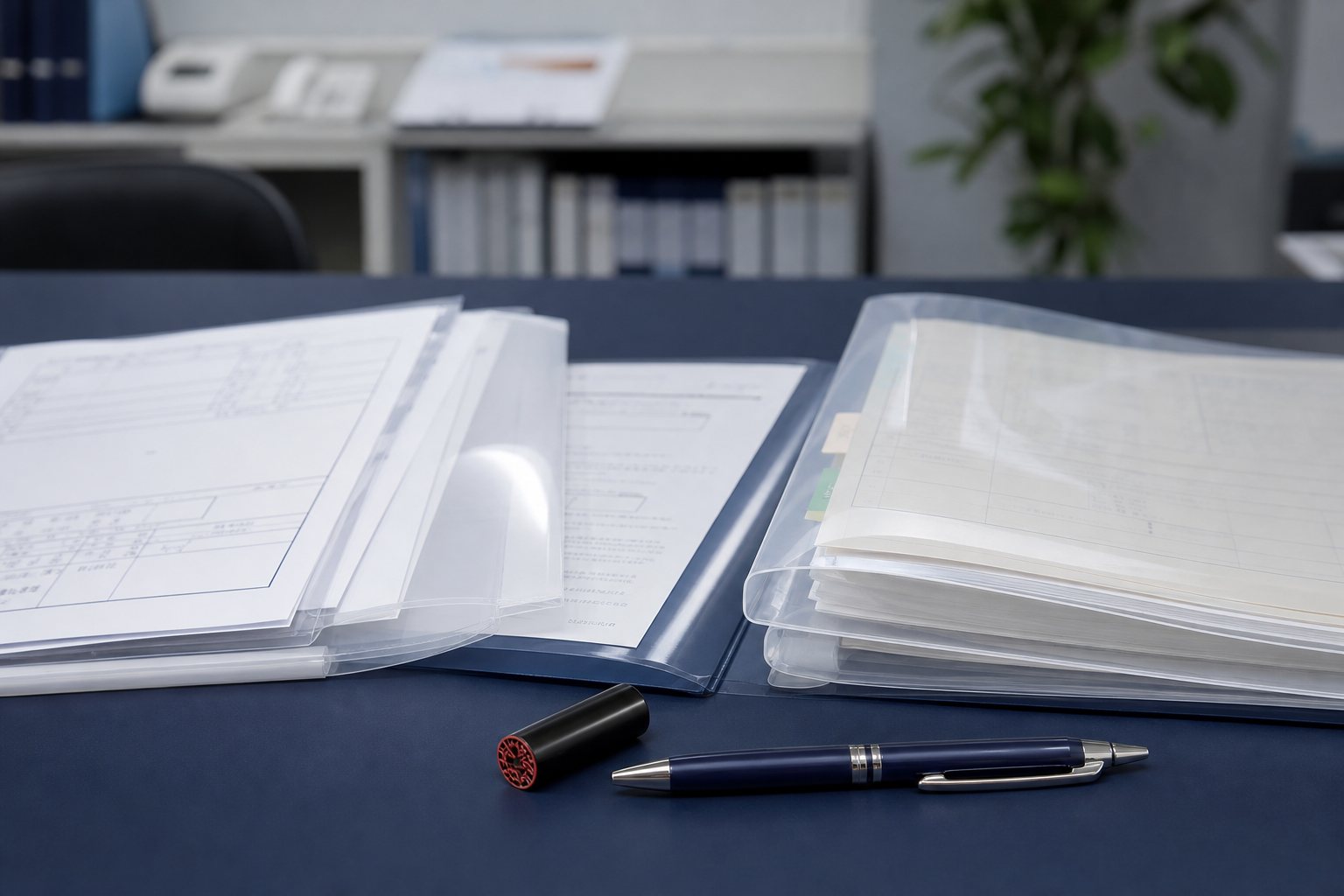 整理された登記関係の書類と筆記具が並ぶデスク